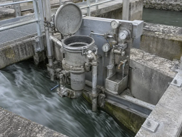 Close photograph of an industrial water sampling station on a concrete channel: a steel inspection hatch open on a flowing conduit, with a filter housing, gauges and a small sample tap mounted beside it. The equipment is utilitarian, weathered, institutional gray and galvanized steel.