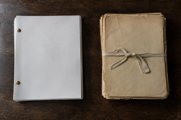 Still life photographed from directly above on a dark walnut table: two thick document bundles lying side by side, not touching. The left bundle is a legal filing, white paper, square corners, bound with a brass fastener.