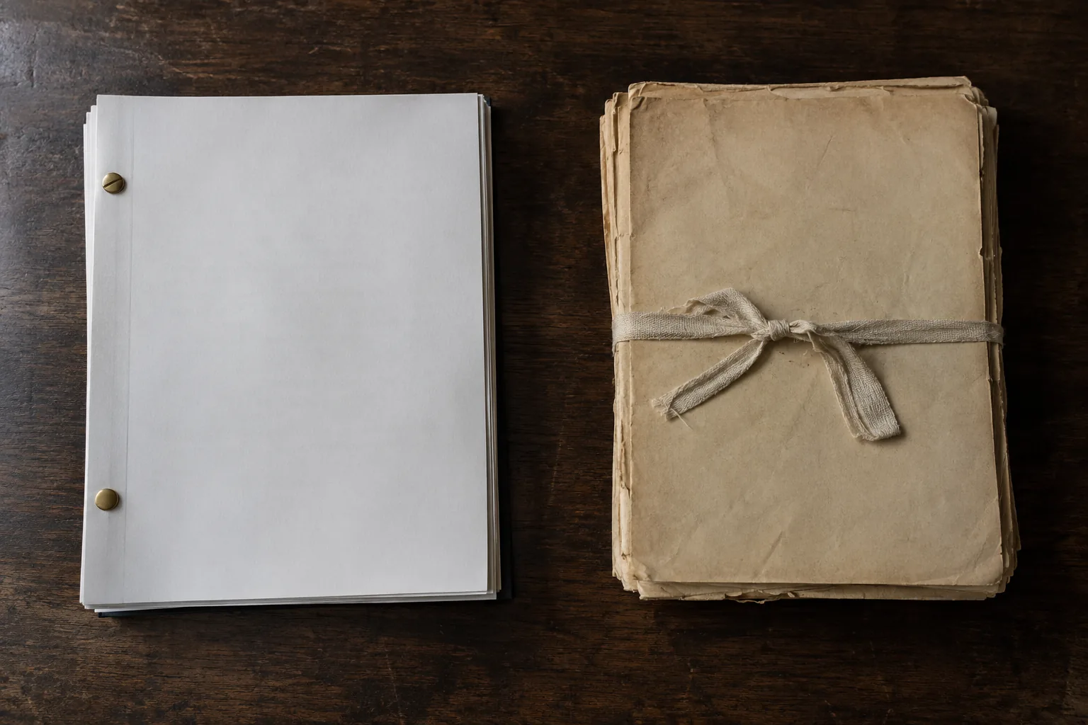 Still life photographed from directly above on a dark walnut table: two thick document bundles lying side by side, not touching. The left bundle is a legal filing, white paper, square corners, bound with a brass fastener.
