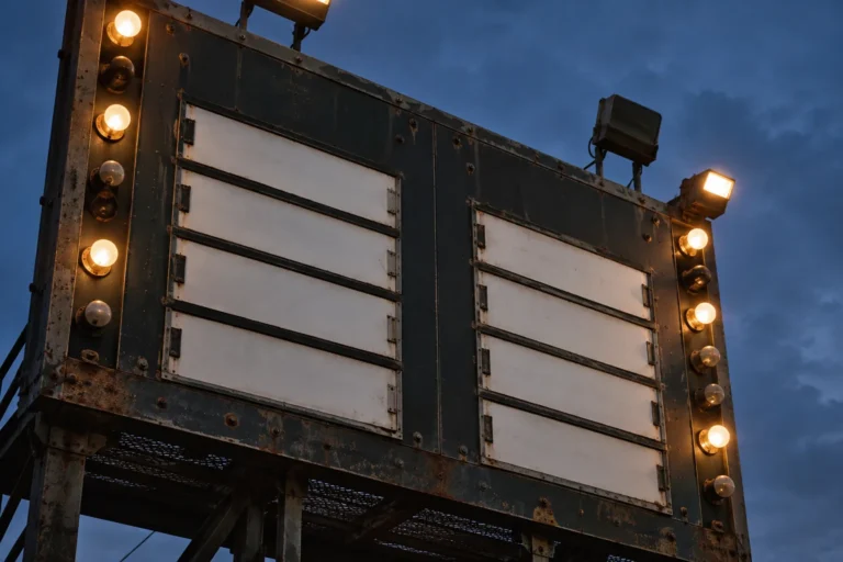 Tight photograph of an old fashioned mechanical scoreboard seen from below at dusk: a dark painted metal panel with two columns of blank white number slots, empty, the cards not yet slid in. Exposed bulbs along the frame, some lit, warm tungsten against a deep blue evening sky.