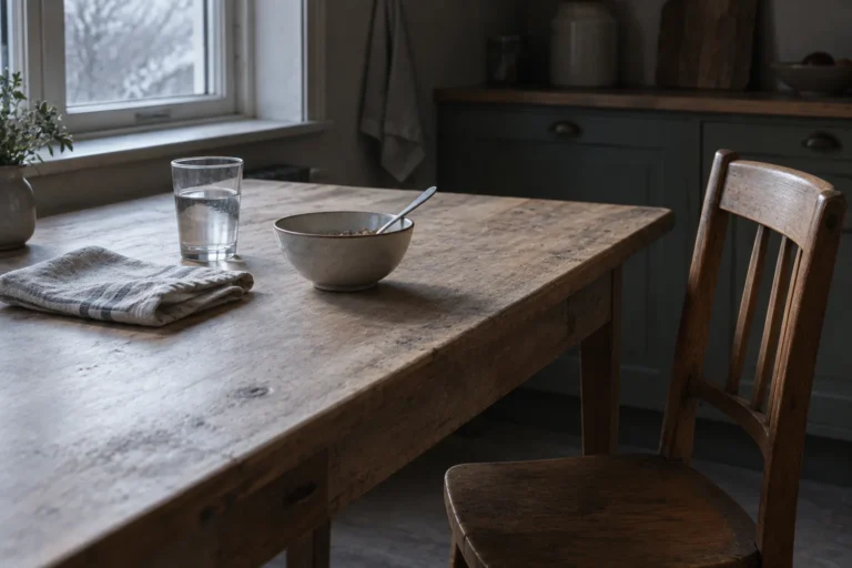 Quiet domestic still life in soft morning window light: a plain kitchen table of pale scrubbed wood, seen from a low three quarter angle. On it, a single cereal bowl with a spoon resting in it, a glass half full of water, and a folded tea towel.