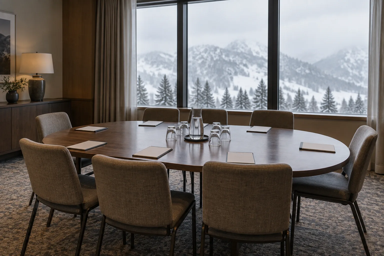 Empty hotel meeting room photographed in flat winter daylight from a large window: eight upholstered chairs pulled up to a plain oval table, a carafe of water and eight upturned glasses in the center, notepads squared at each place. Nobody present.