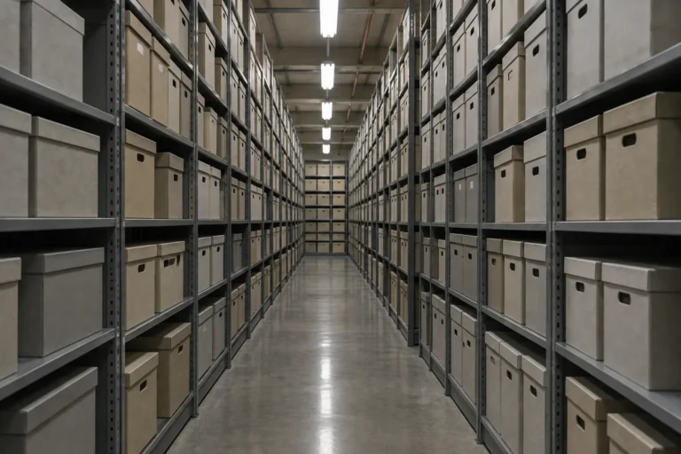 Wide photograph looking down a long aisle of gray archive shelving in a records store, the shelves packed floor to ceiling on both sides with identical plain document boxes receding to a vanishing point. Flat overhead fluorescent light, no windows, polished concrete floor.