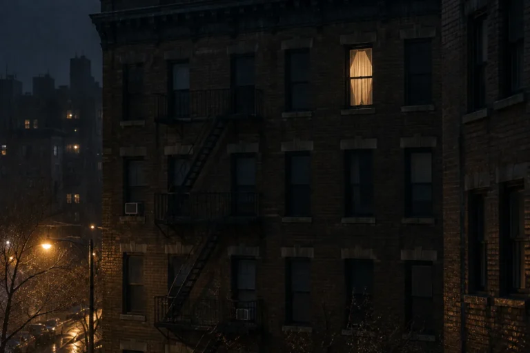 Photograph taken from across a dark street at night, looking at the upper floors of an ordinary apartment building. Every window is dark except one, which glows warm and yellow behind a thin curtain.