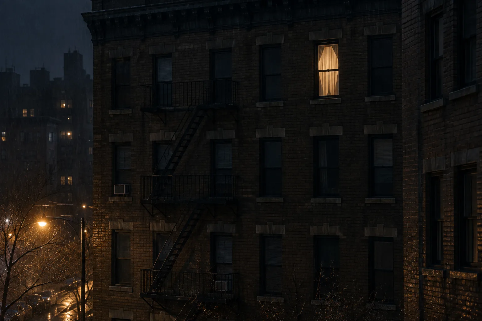 Photograph taken from across a dark street at night, looking at the upper floors of an ordinary apartment building. Every window is dark except one, which glows warm and yellow behind a thin curtain.