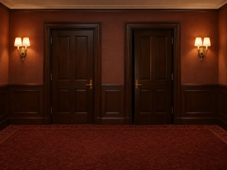 Photograph of a wide institutional corridor with two identical doors set side by side in the same wall, a few feet apart. Both are heavy panelled doors in dark stained wood with brass handles.