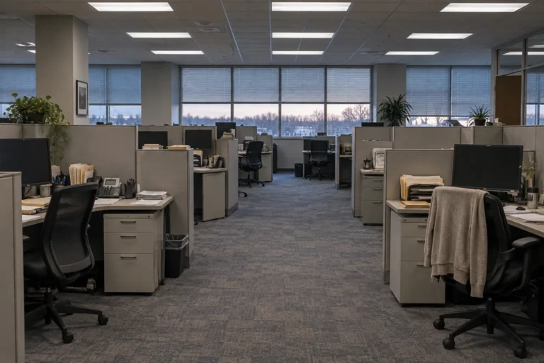 Wide photograph of an ordinary open plan government office, entirely empty of people, with the overhead lights still on. Rows of gray cubicles, chairs pushed back at odd angles, monitors dark but papers and folders still stacked on the desks, a cardigan over one chair back.