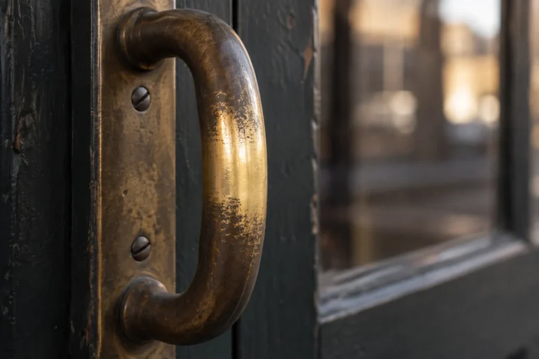 Extreme close photograph of an old brass door handle on a shop door, shot from the side. The lacquer and patina have been worn completely away in one bright band where thousands of hands have gripped it, while the brass above and below stays dark and tarnished.