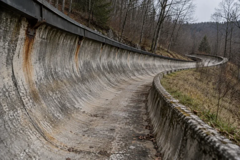 Photograph of an empty banked concrete sliding channel curving away from the camera through a wooded hillside, completely dry, with no ice in it. The concrete is gray and weathered, stained with rust marks where steel fittings enter the surface.