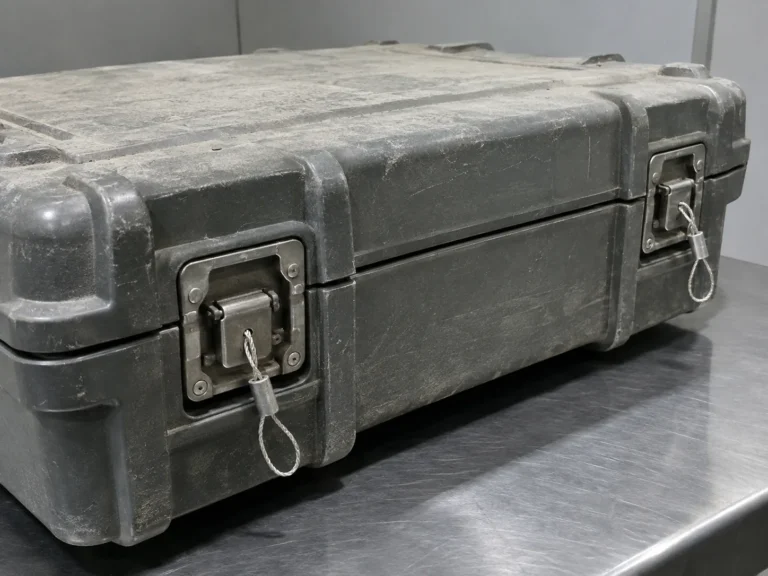 Close photograph of a heavy gray instrument case lying closed on a bare metal table: a rugged transit case with recessed latches, two intact wire tamper seals threaded through the catches, and a thin layer of dust settled evenly across the lid. The seals are unbroken.