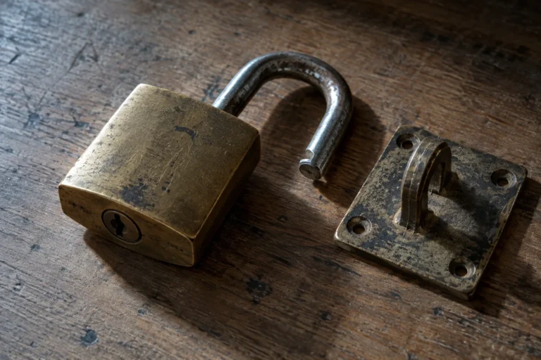 Close photograph of a heavy brass padlock lying open on a bare wooden table, its shackle swung wide, with nothing attached to it. Beside it lies the empty hasp it was removed from, unscrewed and set down.
