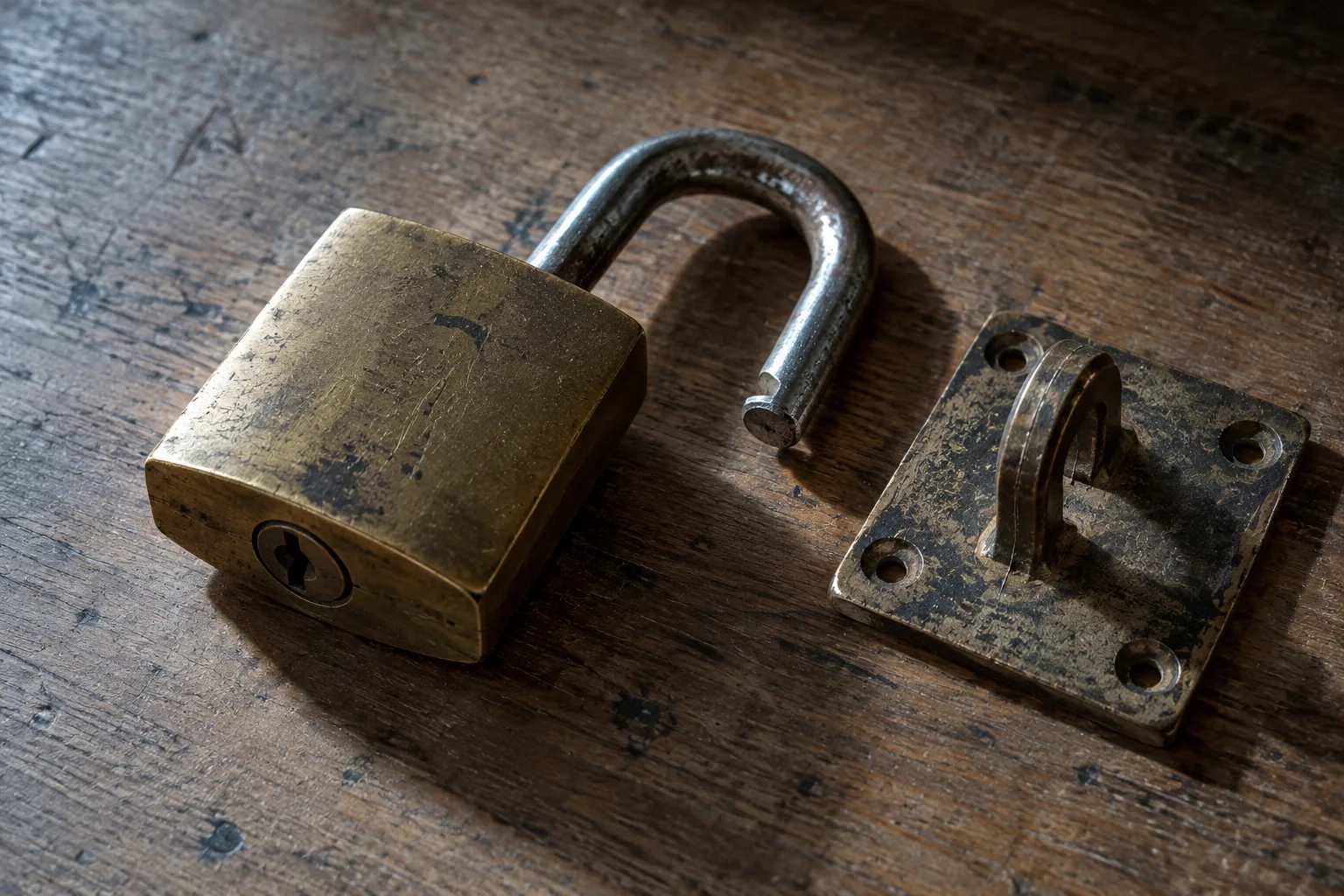 Close photograph of a heavy brass padlock lying open on a bare wooden table, its shackle swung wide, with nothing attached to it. Beside it lies the empty hasp it was removed from, unscrewed and set down.