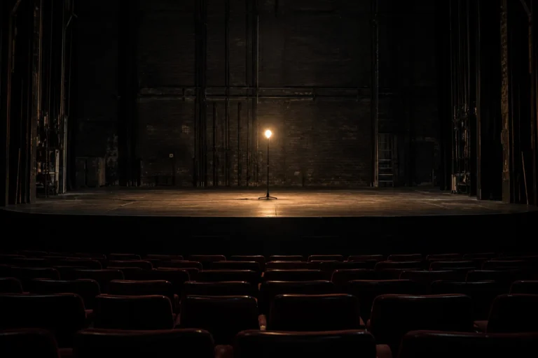 Photograph of a bare theater stage seen from the empty stalls, lit only by a single bulb on a tall stand in the middle of the boards, the traditional ghost light. The stage is stripped: no set, no props, no curtain drawn.