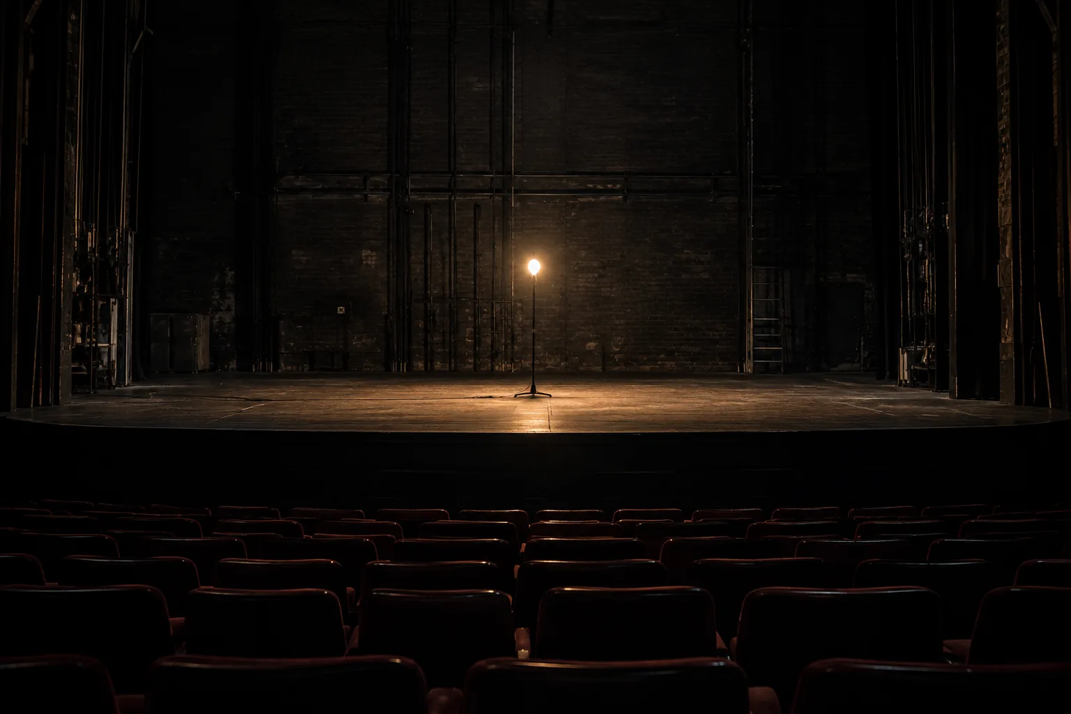 Photograph of a bare theater stage seen from the empty stalls, lit only by a single bulb on a tall stand in the middle of the boards, the traditional ghost light. The stage is stripped: no set, no props, no curtain drawn.
