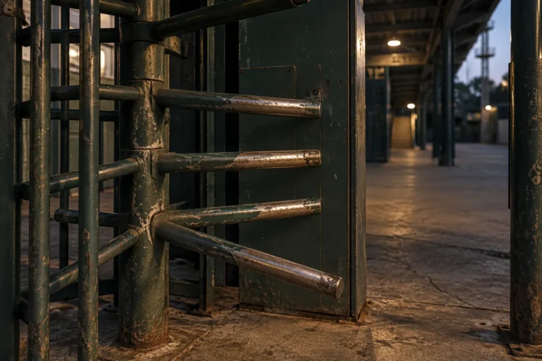 Close photograph of an old painted steel turnstile at a stadium entrance, shot from the side in low evening light. The paint is chipped to bare metal at the height where thousands of hands and hips have passed, and the arms are at rest.