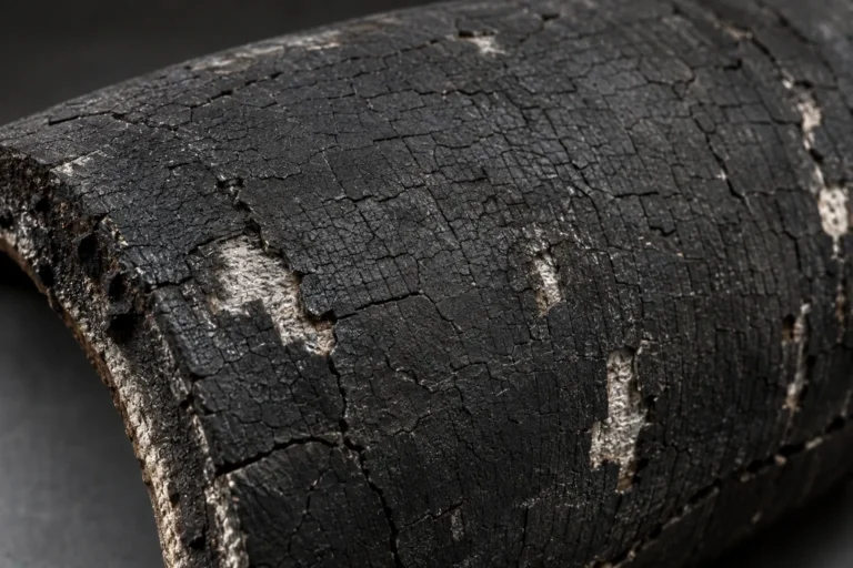 Extreme close photograph of a curved panel of charred ablative heat shield material, filling the frame. The surface is deep matte black, crazed with a fine network of cracks, with several small areas where the charred layer has flaked away to expose the paler substrate beneath.