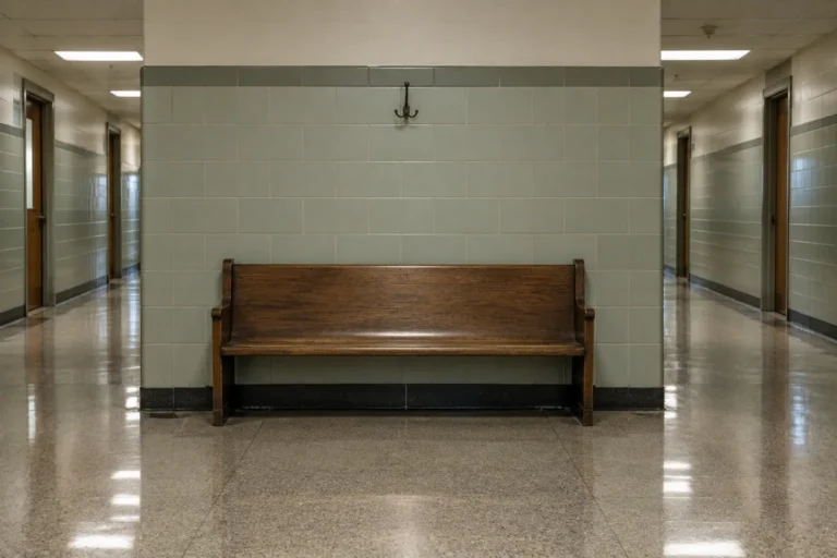 Photograph of a plain wooden waiting bench against a tiled institutional wall in an empty corridor. The bench is worn smooth in the middle from use and the tiles are the pale green of a public building maintained for decades.