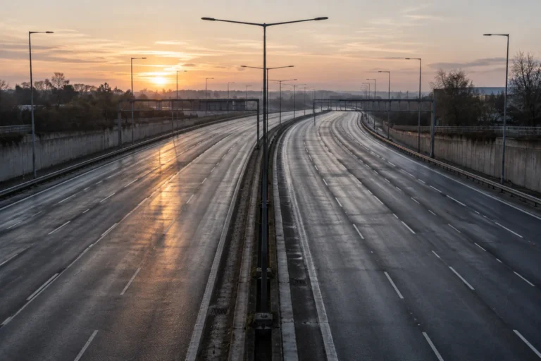 Wide photograph of a multi lane urban motorway at first light, completely empty of traffic in both directions, curving gently away between concrete barriers and lamp standards. The road surface is damp and reflecting the pale sky.