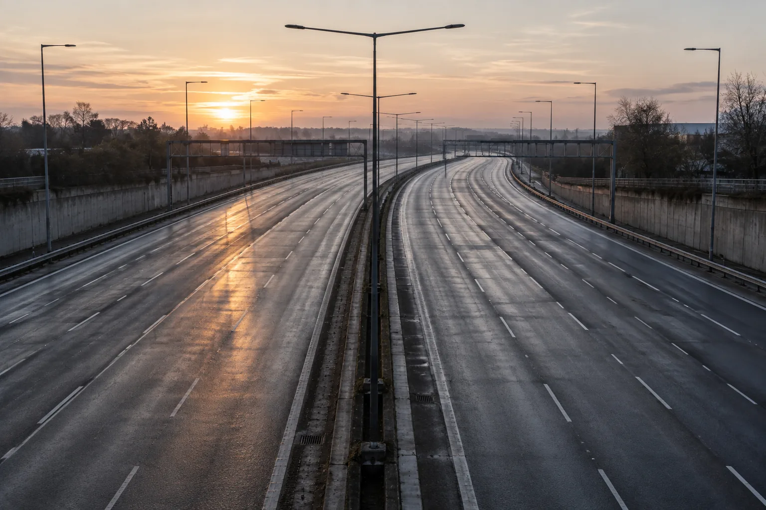 Wide photograph of a multi lane urban motorway at first light, completely empty of traffic in both directions, curving gently away between concrete barriers and lamp standards. The road surface is damp and reflecting the pale sky.