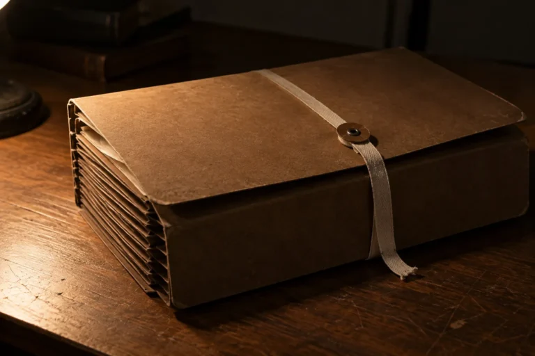 Photograph of a brown accordion case file on a wooden desk, closed and tied shut with a flat cotton tape wound around its button. The card is soft and furred at the corners from handling, the gussets slightly splayed by the papers inside.