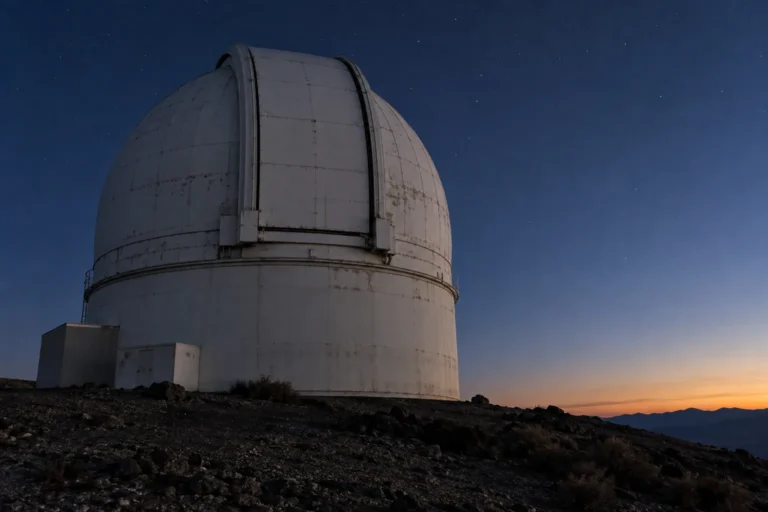 Photograph of a large white observatory dome at dusk, shutter fully closed, on a bare hilltop. The dome is weathered, its panels showing seams and rivets. The sky behind is clear and darkening, a deep blue with the first stars just visible.