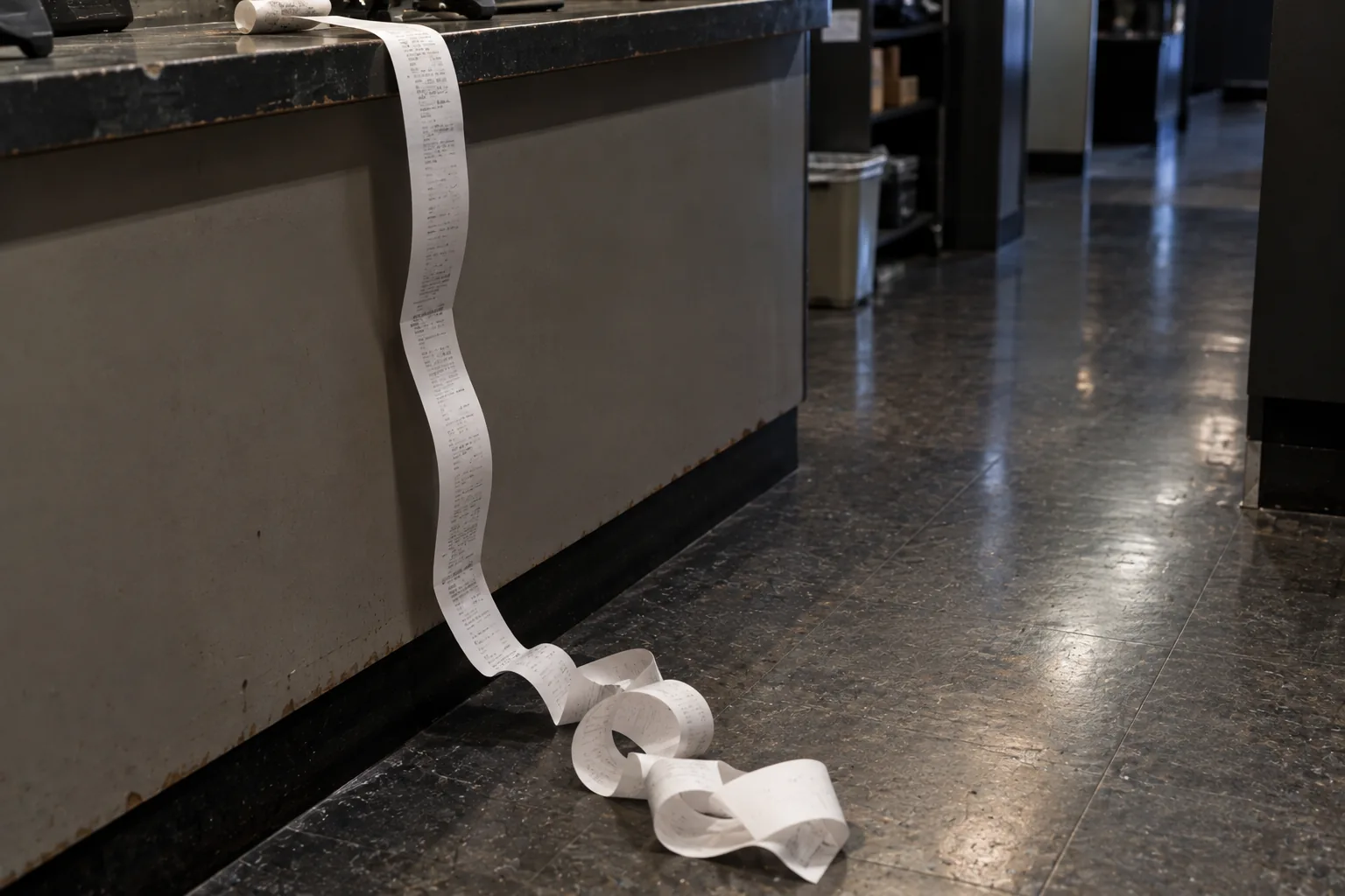 Photograph of a long paper till receipt spilling over the edge of a counter and coiling onto the floor beneath. The paper is thin and slightly curled, the printing on it reduced by distance and depth of field to illegible gray lines.