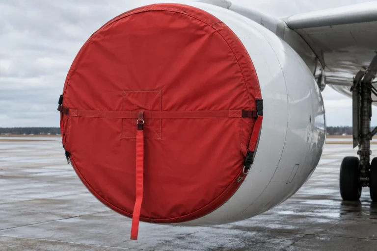 Close photograph of a bright red fabric intake blank fitted over the front of a parked jet engine, filling most of the frame. The fabric is taut over the cowling lip, with webbing straps and a warning streamer hanging down.