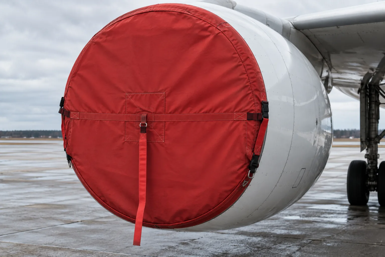 Close photograph of a bright red fabric intake blank fitted over the front of a parked jet engine, filling most of the frame. The fabric is taut over the cowling lip, with webbing straps and a warning streamer hanging down.