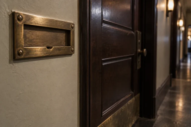 Close photograph of a brass nameplate holder mounted beside a heavy office door, with the engraved card removed so the slot is empty. The brass is polished at the edges from years of hands, dulled in the recess.