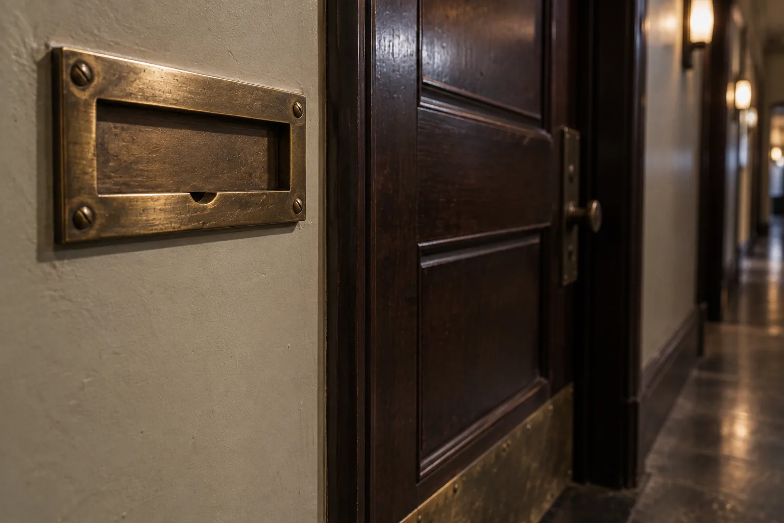 Close photograph of a brass nameplate holder mounted beside a heavy office door, with the engraved card removed so the slot is empty. The brass is polished at the edges from years of hands, dulled in the recess.