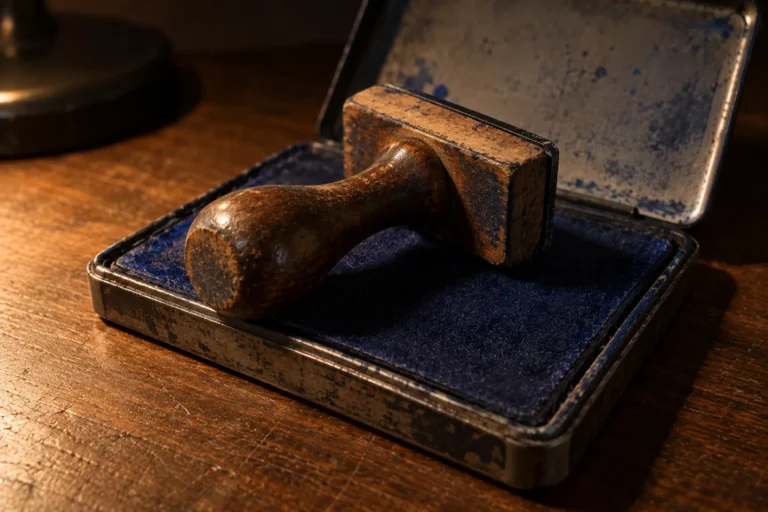 Close photograph of an old wooden handled office rubber stamp resting on a well used ink pad, the rubber face turned away from the camera so nothing on it can be read. The wood is dark and worn smooth at the grip, the ink pad tin is scratched and its felt is saturated dark blue.