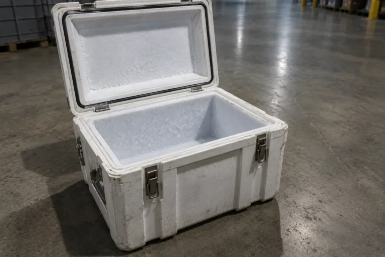 Photograph of an insulated cold chain shipping container standing open and completely empty on a concrete warehouse floor. It is a rugged white case with thick foam walls, latches thrown back, lid raised, and a faint frost bloom still visible on the inside surfaces.