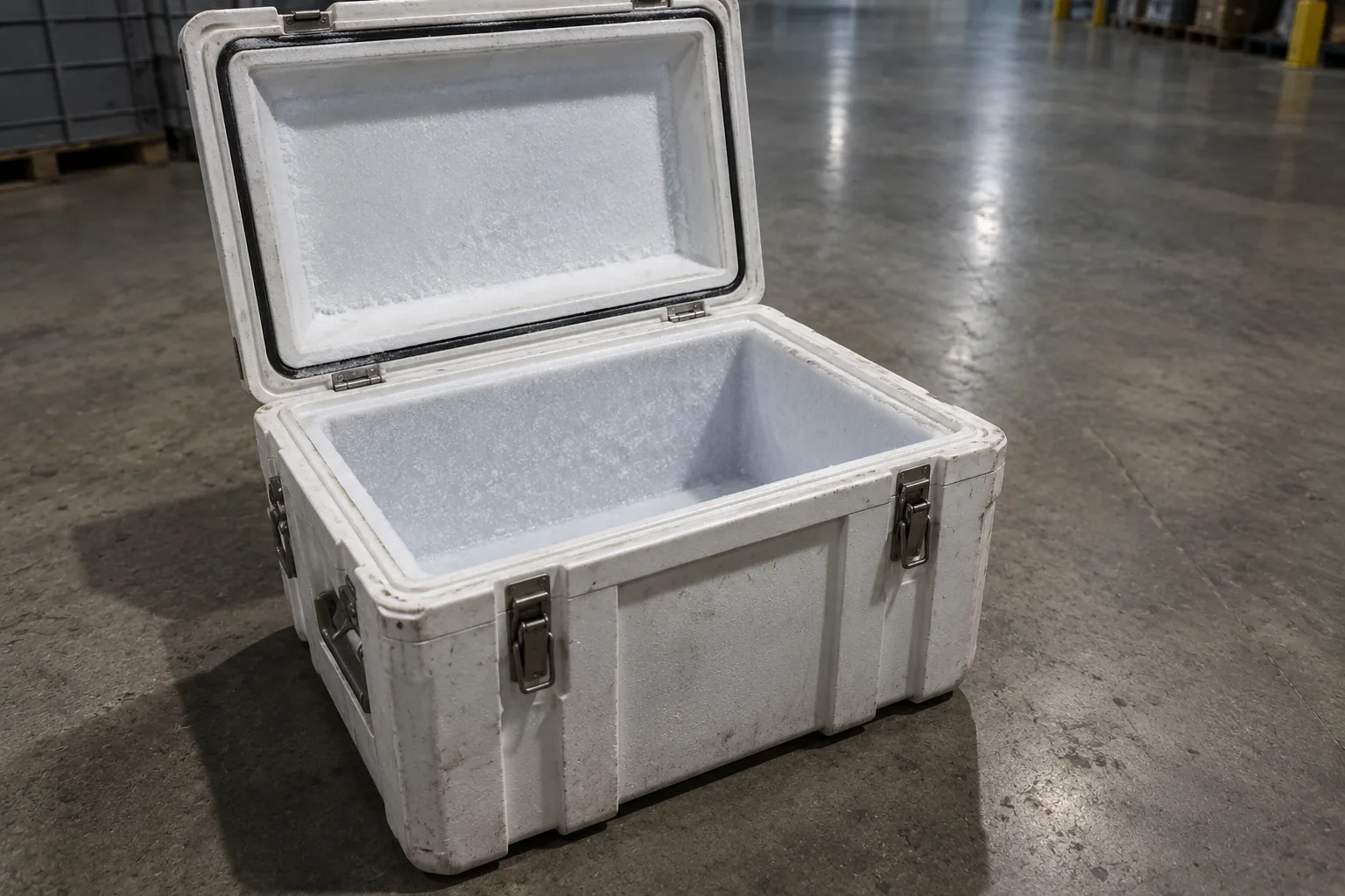 Photograph of an insulated cold chain shipping container standing open and completely empty on a concrete warehouse floor. It is a rugged white case with thick foam walls, latches thrown back, lid raised, and a faint frost bloom still visible on the inside surfaces.
