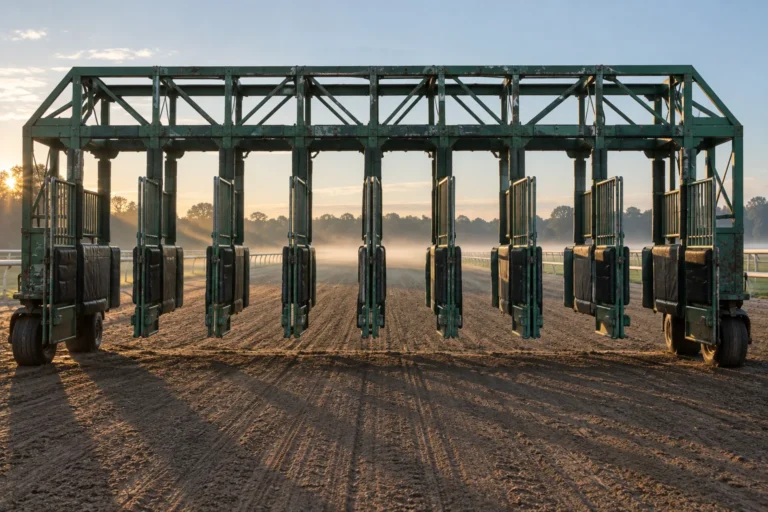 Photograph of a horse racing starting gate seen from the front, all stall doors standing open, empty, on a groomed dirt track in early morning light. The gate is painted a chipped institutional green, the padding worn.