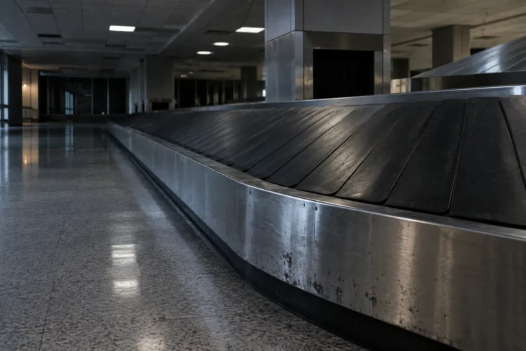 Photograph of a stopped baggage carousel in a dim arrivals hall, the rubber belt empty and still, curving away around its oval. The metal skirt is scuffed from years of use. Overhead lights are on but half of them are off, leaving the far end in shadow.