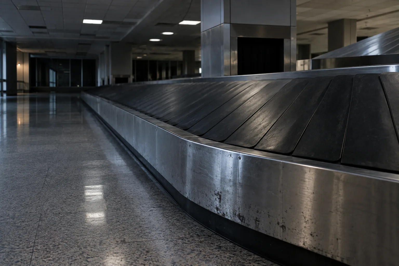 Photograph of a stopped baggage carousel in a dim arrivals hall, the rubber belt empty and still, curving away around its oval. The metal skirt is scuffed from years of use. Overhead lights are on but half of them are off, leaving the far end in shadow.