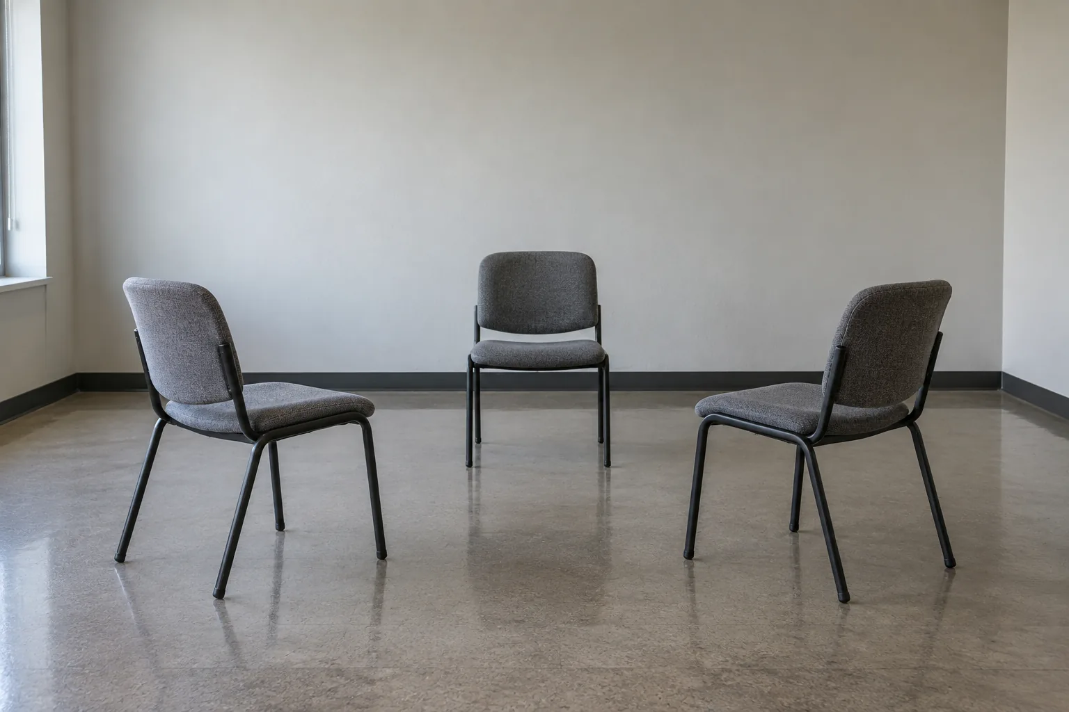 Photograph of a plain meeting room containing exactly three chairs: two placed facing each other several feet apart, and a third set between them and slightly back, forming a shallow triangle.