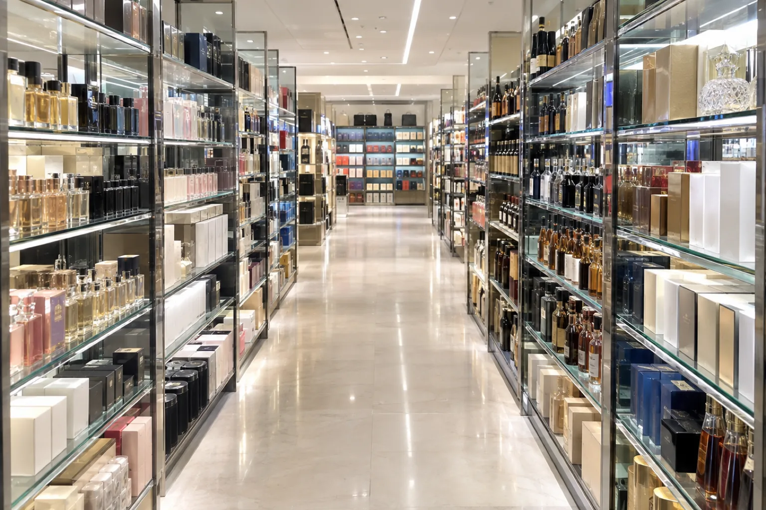 Photograph of a fully stocked airport duty free shop with not a single customer in it, shot down an aisle between two tall glass shelving units. The shelves are completely full and immaculately faced, the lighting bright and even, the floor polished and unmarked.