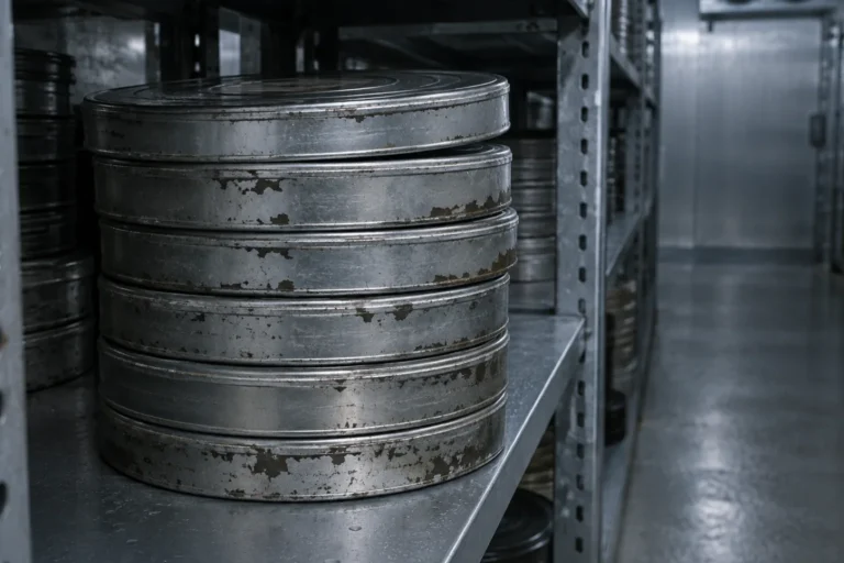 Photograph of stacked metal film reel canisters on steel shelving in a cold storage vault. The nearest stack is scuffed and stained with age, the aisle beyond is lit in flat gray light, and no labels are legible.