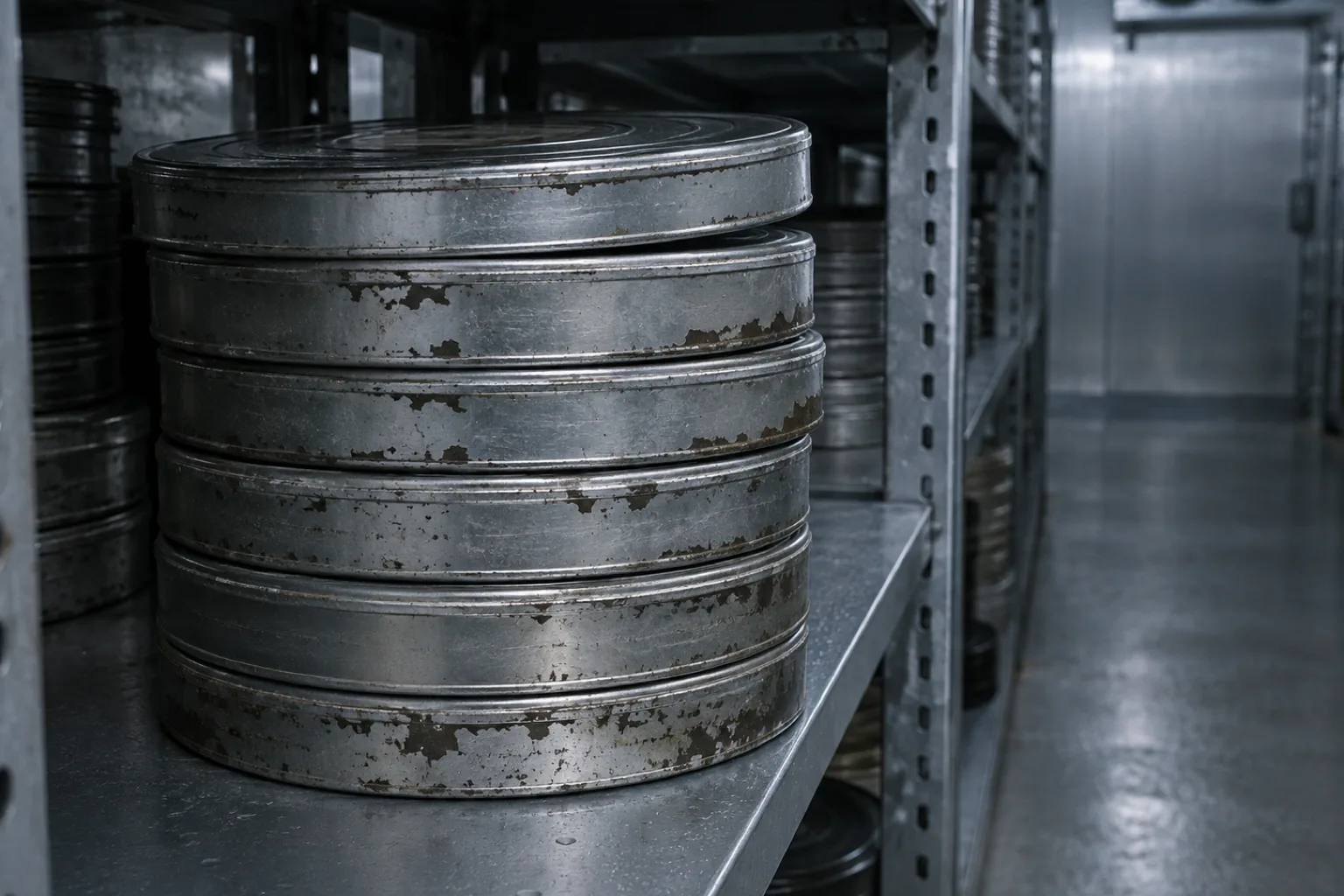 Photograph of stacked metal film reel canisters on steel shelving in a cold storage vault. The nearest stack is scuffed and stained with age, the aisle beyond is lit in flat gray light, and no labels are legible.