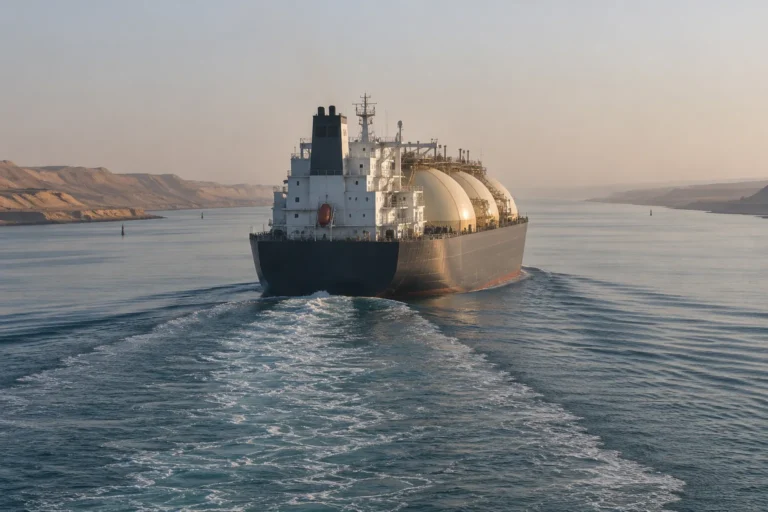 Photograph of a liquefied natural gas carrier seen from directly astern as it moves through a desert canal, its four spherical tanks rising above the deck and a wide wake spreading behind it between low sandy banks.