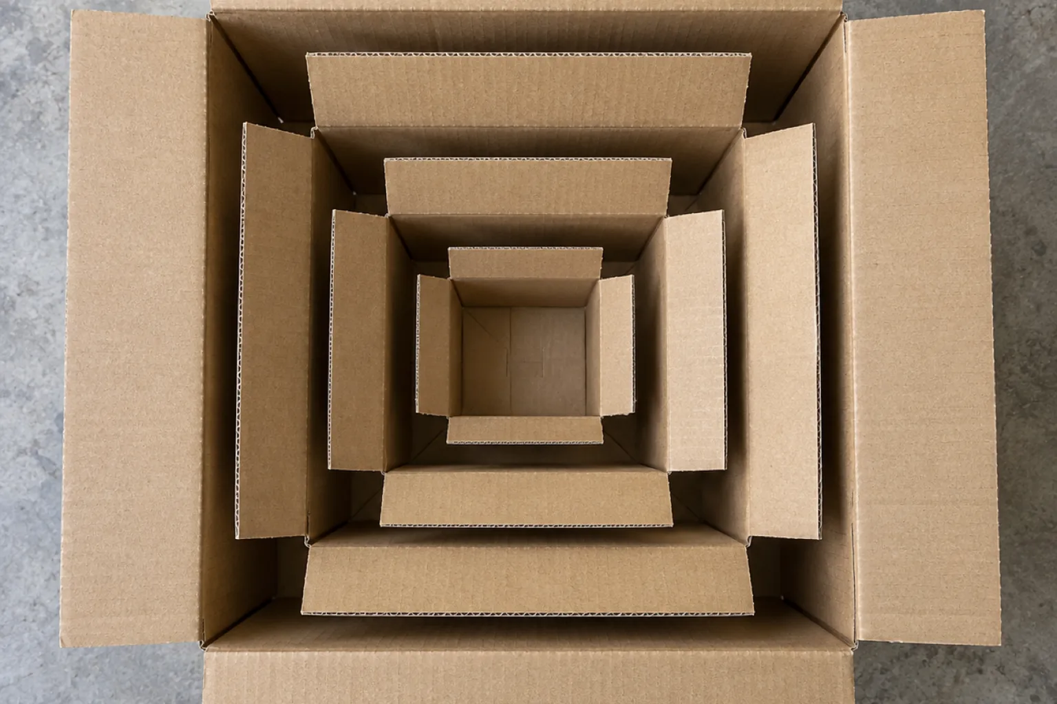Overhead photograph of four plain cardboard boxes nested one inside the next, all with their flaps open, on a gray concrete floor. The eye is carried straight down through the receding squares to the small empty box at the center.