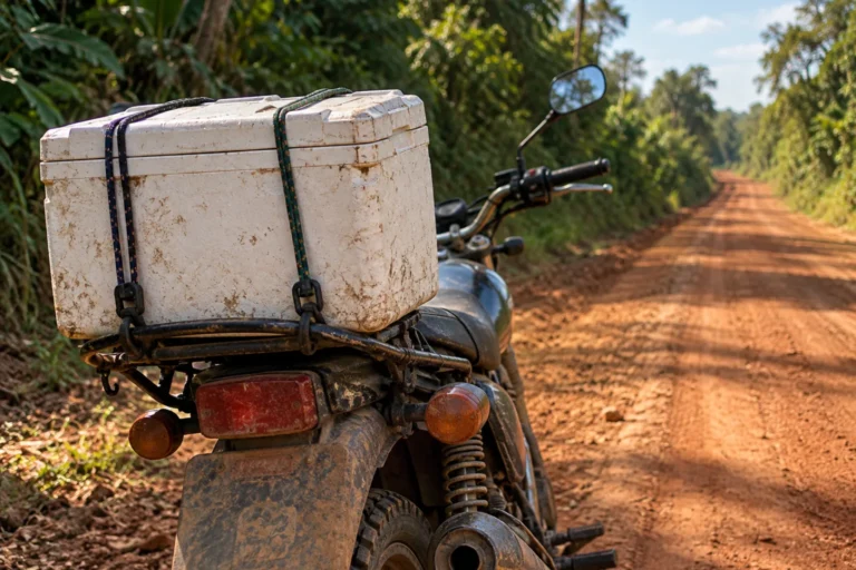 Photograph of a mud splashed motorcycle stopped on a red dirt road cut through dense green forest, with a scratched white insulated cold box strapped to the rear rack with elastic cords.