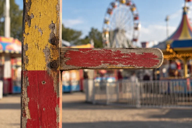 Photograph of a wooden height check sign at a fairground, its red painted arm weathered down to bare wood and carrying no lettering at all. A ferris wheel and a carousel stand out of focus behind it.