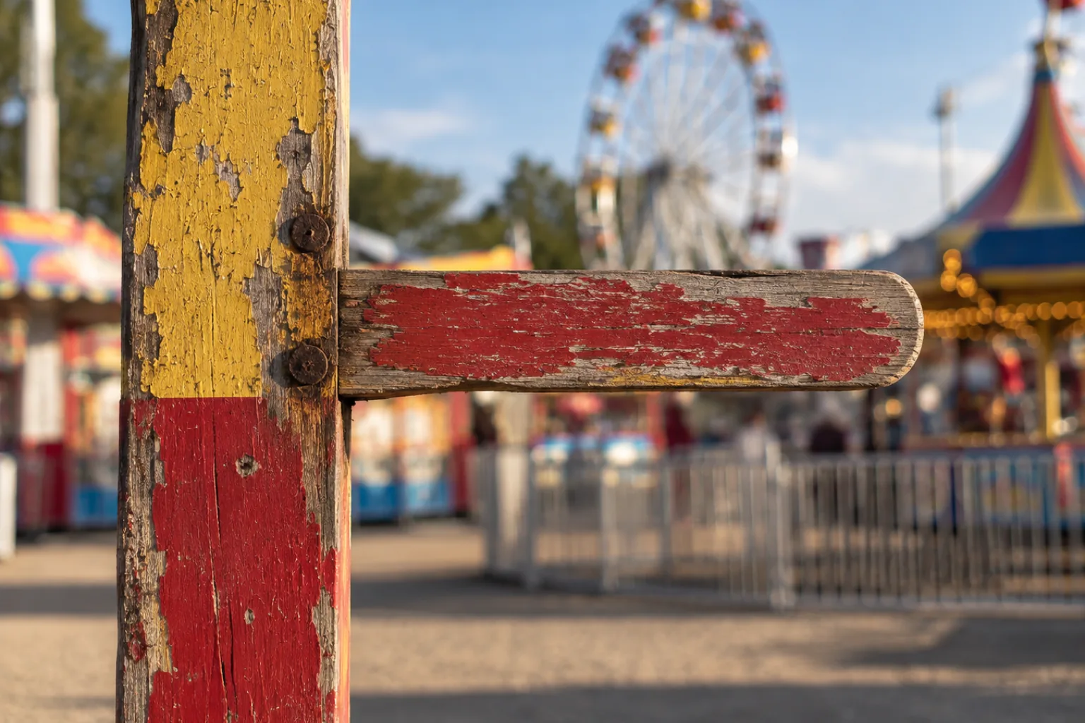 Photograph of a wooden height check sign at a fairground, its red painted arm weathered down to bare wood and carrying no lettering at all. A ferris wheel and a carousel stand out of focus behind it.