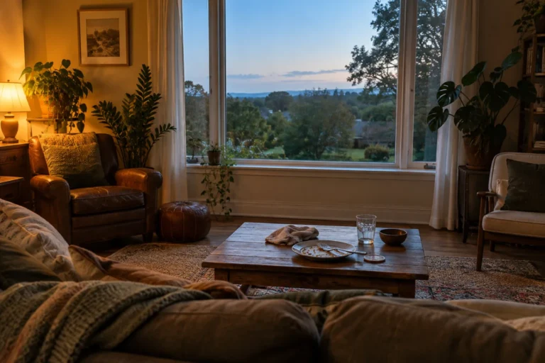 Photograph of a lived in living room at dusk with one lamp on: a worn leather armchair, a sofa under a knitted throw, a low wooden coffee table holding a glass and a small bowl, and a large window showing a green valley and the last daylight.