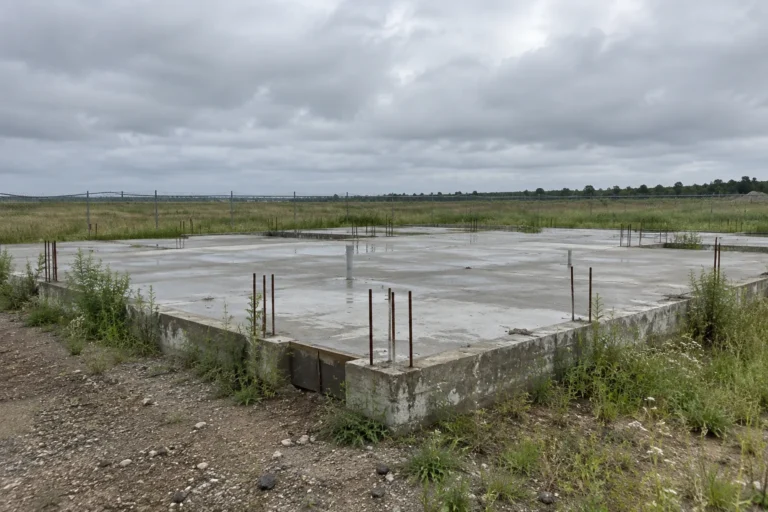 Photograph of a poured concrete foundation slab standing alone in an open field under a heavy gray sky, with rebar starter bars projecting from the stem walls, rainwater pooled on the surface and weeds already growing along the edges.
