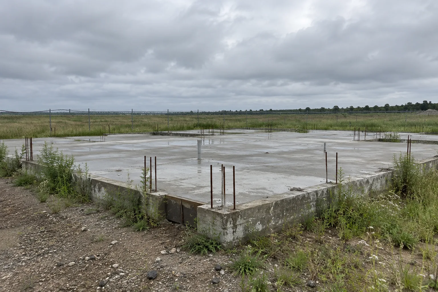 Photograph of a poured concrete foundation slab standing alone in an open field under a heavy gray sky, with rebar starter bars projecting from the stem walls, rainwater pooled on the surface and weeds already growing along the edges.