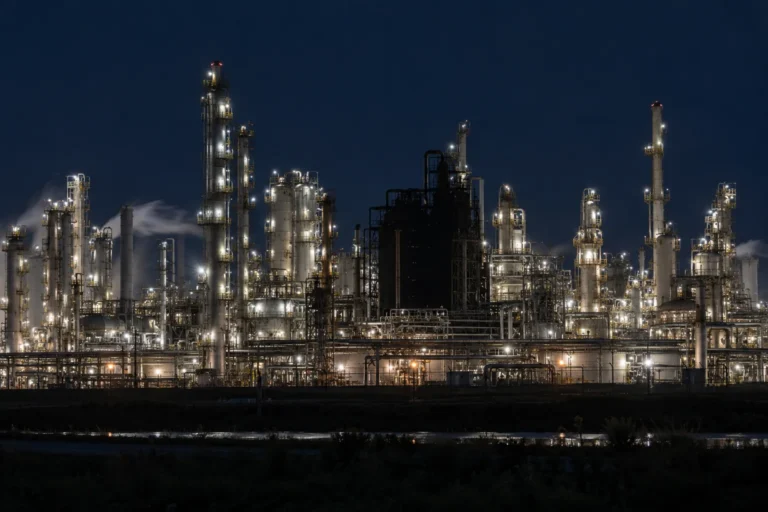 Photograph of a large oil refinery lit up at night, its distillation columns and flare stacks picked out in thousands of small white lights against a dark blue sky, with steam rising and the plant reflected in water in the foreground.