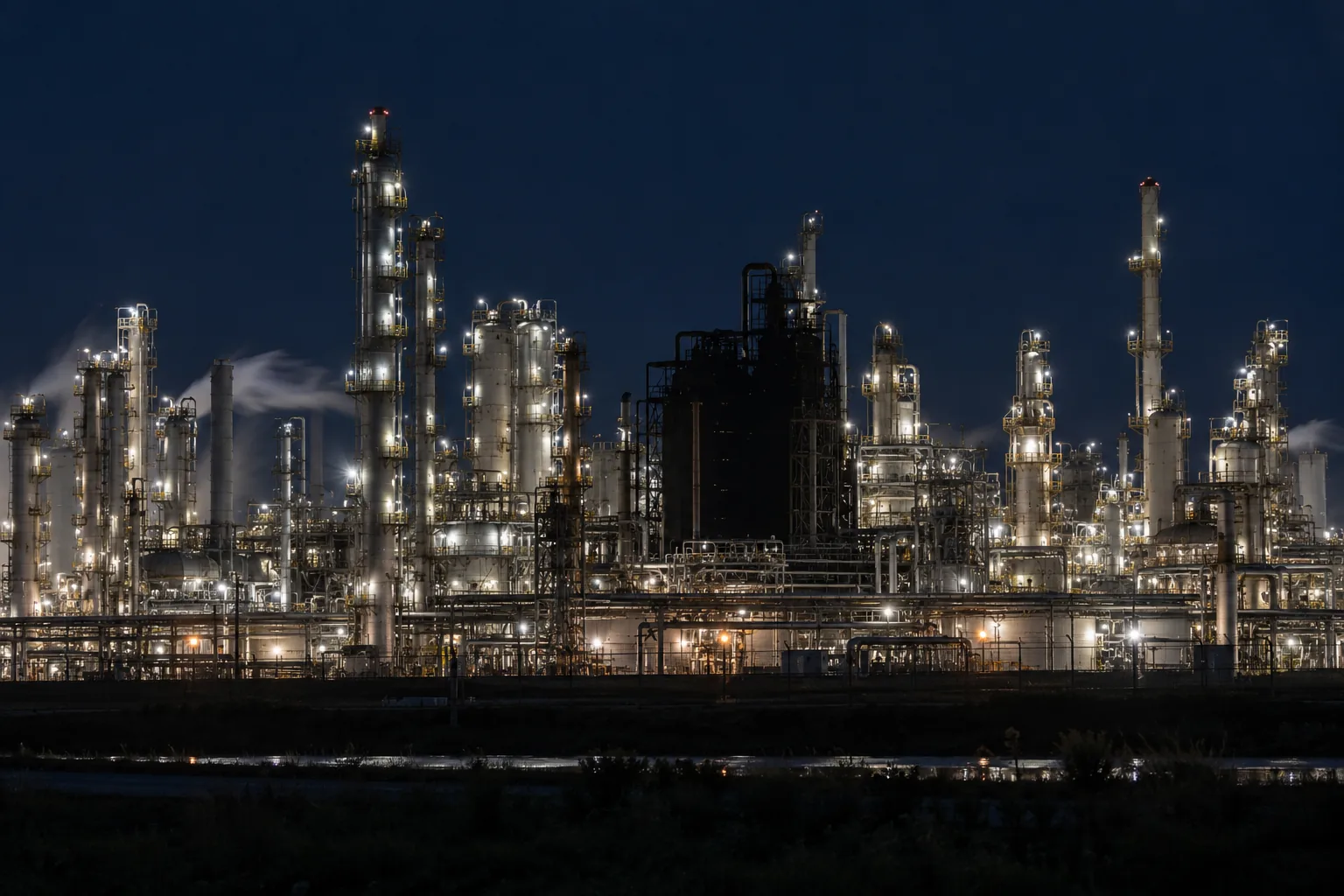 Photograph of a large oil refinery lit up at night, its distillation columns and flare stacks picked out in thousands of small white lights against a dark blue sky, with steam rising and the plant reflected in water in the foreground.